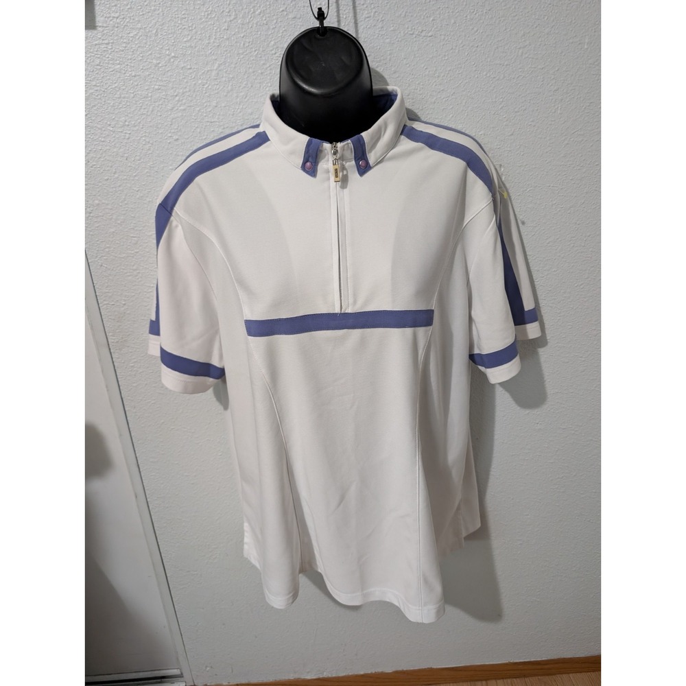 DKNY Golf Women's Polo Shirt White Purple Zip Neck Snap Collar Short Sleeve Sz.M